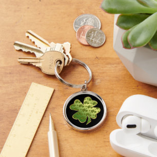 Söt Shamrock Mönster Guld Gräns Rund Silverfärgad Nyckelring