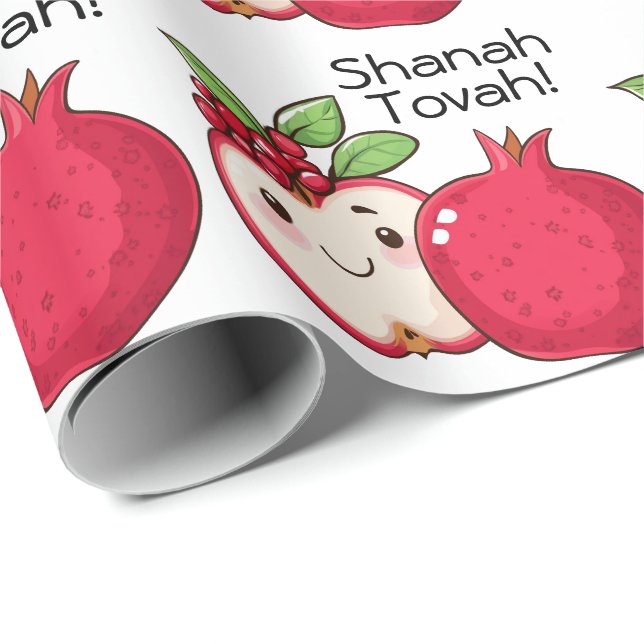 Söt Shana Tova med äpple och granatäpple Presentpapper (Rullad Hörn)