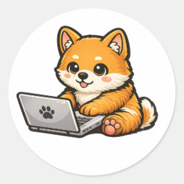 Söt Shiba Inu med bärbar dator – mysig hunddesign Runt Klistermärke