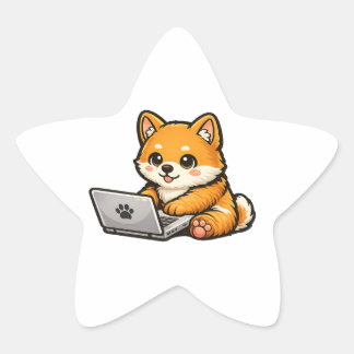 Söt Shiba Inu med bärbar dator – Mysig hunddesign Stjärnformat Klistermärke