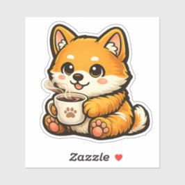 Söt Shiba Inu med kaffe – mysig hundillustration Klistermärken