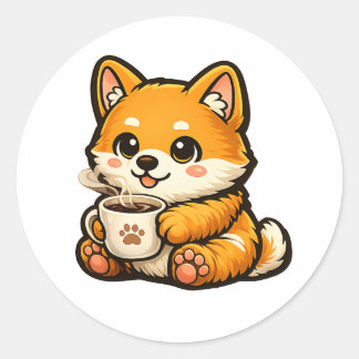 Söt Shiba Inu med kaffe – mysig hundillustration Runt Klistermärke