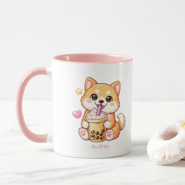 Söt Shiba Inu som dricker bubbel-tea Unisex Mugg (Med munk)