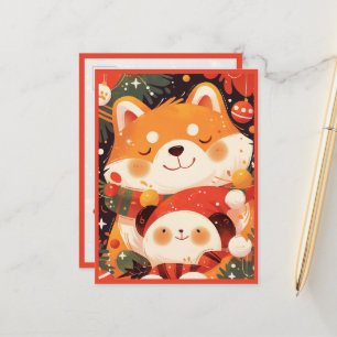 Söt Shiba Inu som kramar Panda-gosedjur Vykort