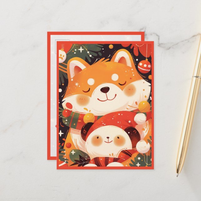 Söt Shiba Inu som kramar Panda-gosedjur Vykort (Fram/Back In Situ)