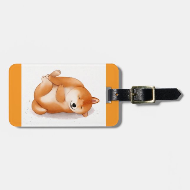 Söt shiba inu-valp ljugande på bagagetaggen bagagebricka (Horisontell Framsida)