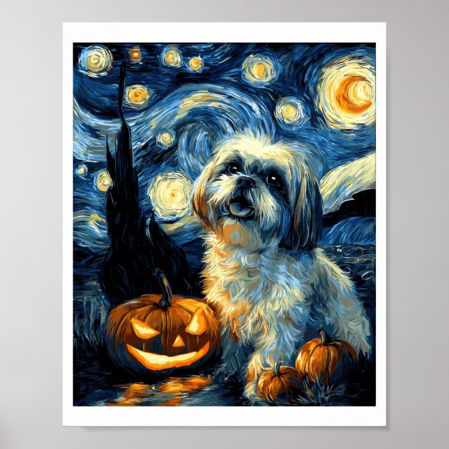 Söt Shih Tzu-hund Halloween Jack O Lantern Pumpa Poster (Framsidan)
