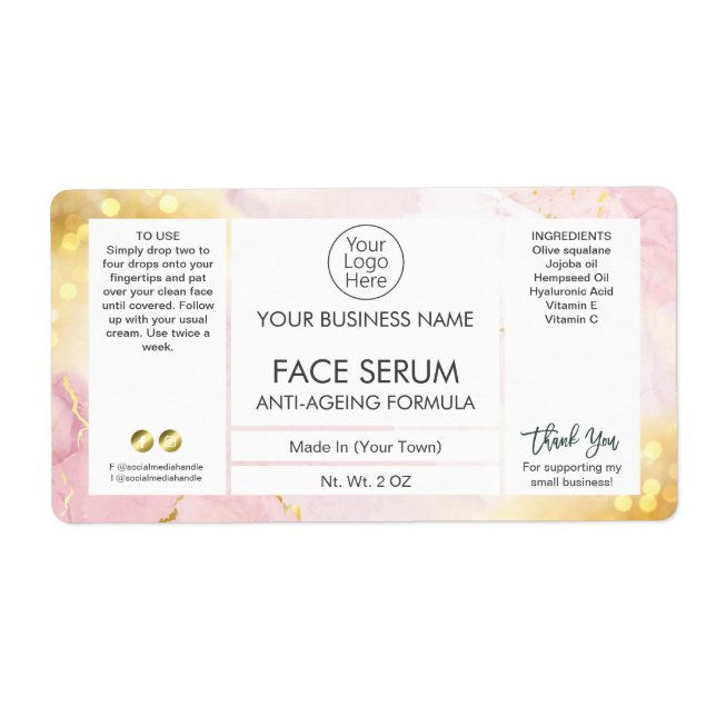 Söt Shimmering Rosa Guld Hair Ansikte Serum Label Fraktsedel (Framsidan)