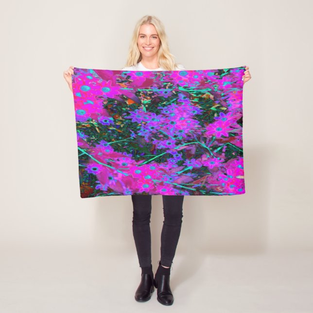 Söt Shock rosa, Magenta och Aqua Blåa blommor Fleecefilt (På plats)