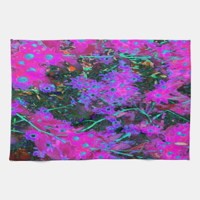 Söt Shock rosa, Magenta och Aqua Blåa blommor Kökshandduk (Horisontell)