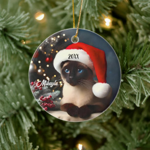 Söt Siamese Cat i jultomten Julgransprydnad Keramik
