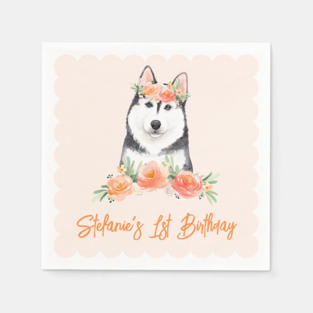 Söt sibirisk husky och födelsedagsblommor för pers pappersservett (Framsidan)