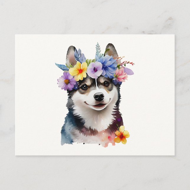 Söt sibirisk huskyhund med blommor  vykort (Framsida)
