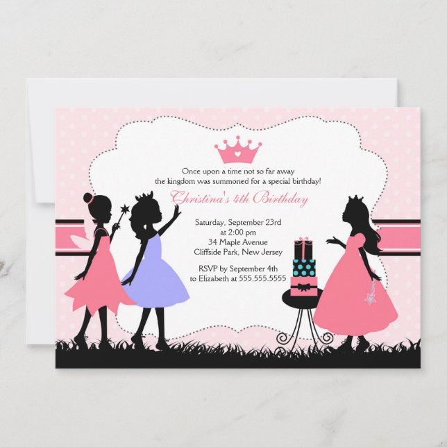 Söt Silhouette Rosa Princess Födelsedagsfest Inbjudningar (Framsida)