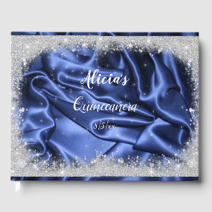 Söt Silver Glitter och Blue Satin Quinceanera Gästböcker