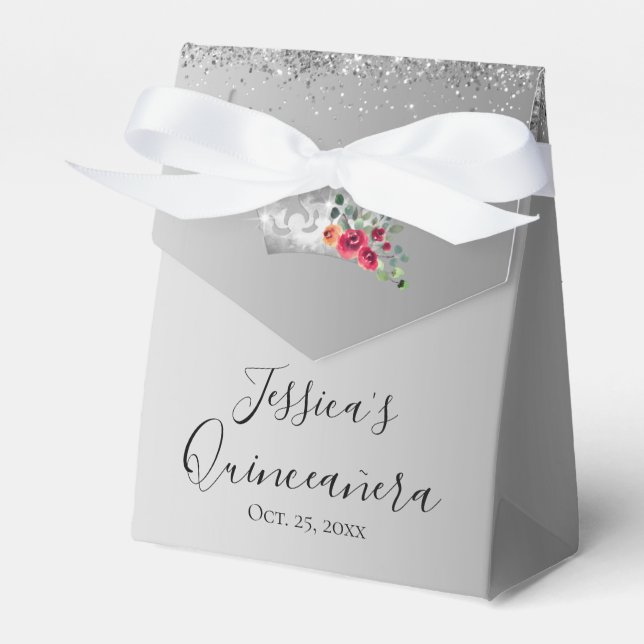 Söt Silver Glitter Quinceanera Favoritbox Presentaskar (Framsidan Sidan)