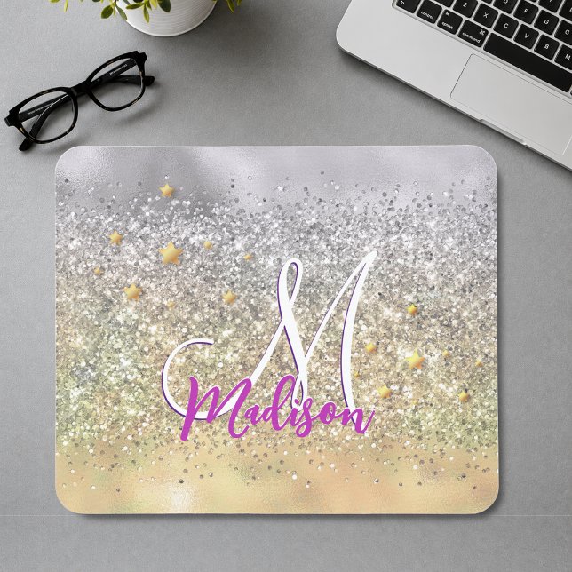 Söt silver guld Glitter stjärnor monogram Musmatta (Skapare uppladdad)