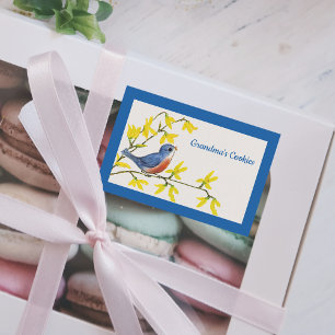 Söt Singing Red and Blue Bird on Gren Flowers Mat Etiketter