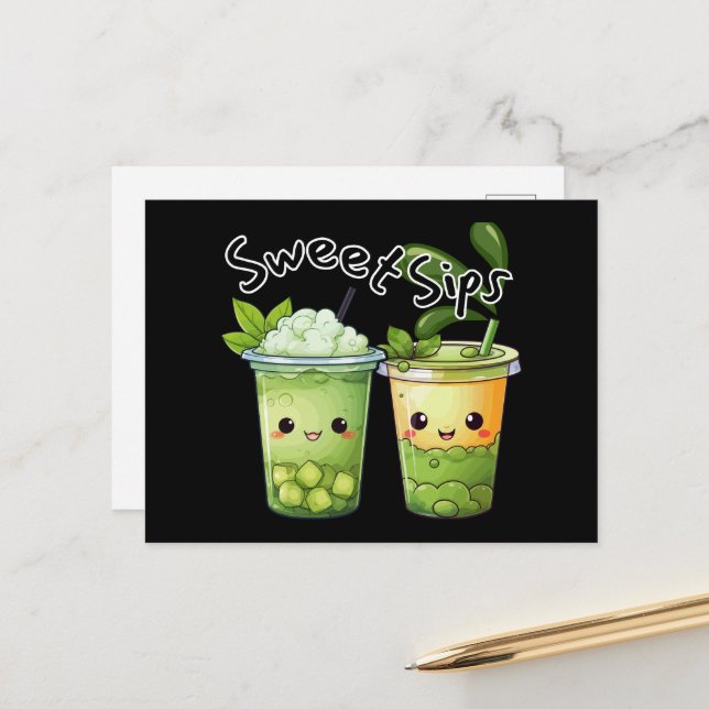Söt Sips Kawaii Bubble Tea Duo Vykort (Fram/Back In Situ)