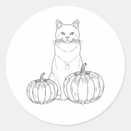 Söt sittande katt med pumpor höst linjekonst runt klistermärke