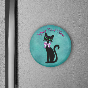 Söt sittande svart katt Rosa slinga Gröna ögon Tur Magnet