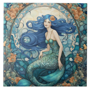 Söt Sjöjungfru Art nouveau Art Deco Blue Kakelplatta