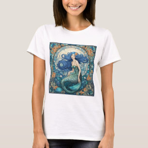 Söt Sjöjungfru Art nouveau Art Deco Blue T Shirt