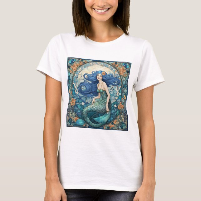 Söt Sjöjungfru Art nouveau Art Deco Blue T Shirt (Framsida)
