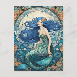 Söt Sjöjungfru Art nouveau Art Deco Blue Vykort