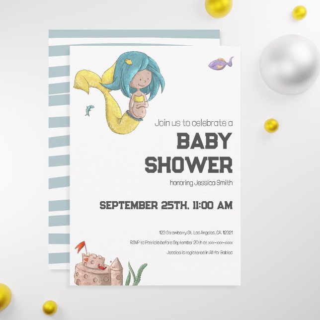 Söt sjöjungfru baby shower inbjudan (Unique mermaid baby shower invitation with a pregnant mermaid swimming among fish)