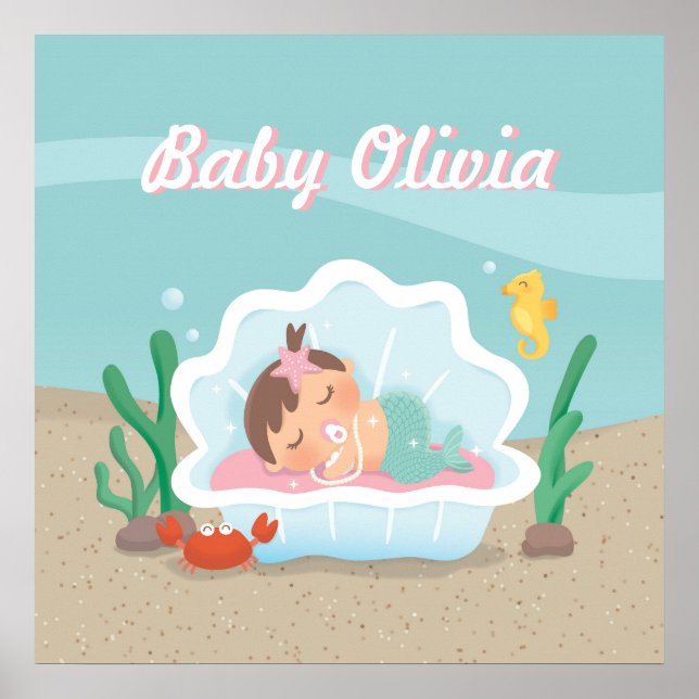 Söt sjöjungfru babyflicka nurseries dekor poster (Framsidan)