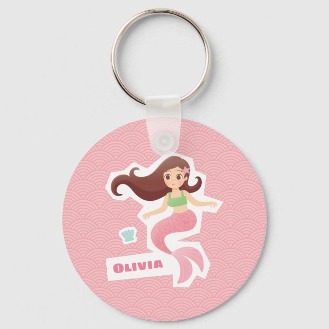 Söt Sjöjungfru Girl Wave Mönster Rosa Keychain Nyckelring (Framsida)