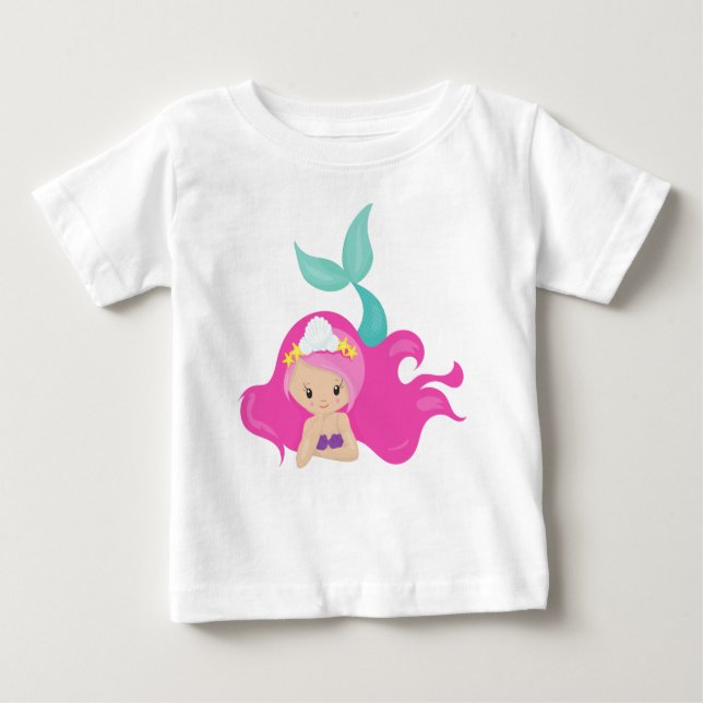 Söt sjöjungfru, rosa hår, lilla sjöjungfrun, sjöst t shirt (Framsida)
