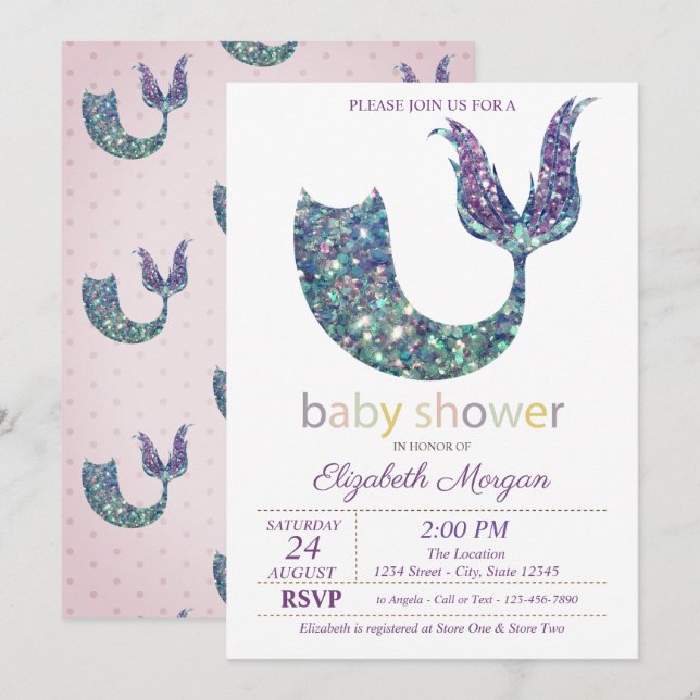 Söt sjöjungfru stjärt baby shower inbjudningar (Fram/baksida)