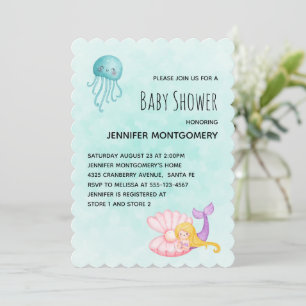 Söt sjöjungfru under havet Vattenfärg baby shower Inbjudningar
