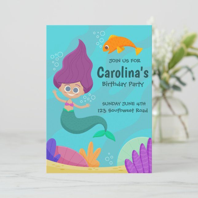 Söt sjöjungfru utskrivbar födelsedagsinbjudan inbjudningar (Stående Fram)