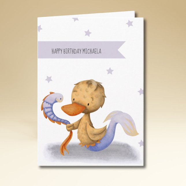 Söt sjöjungfruducka med ål Whimsical födelsedag Kort (Skapare uppladdad)