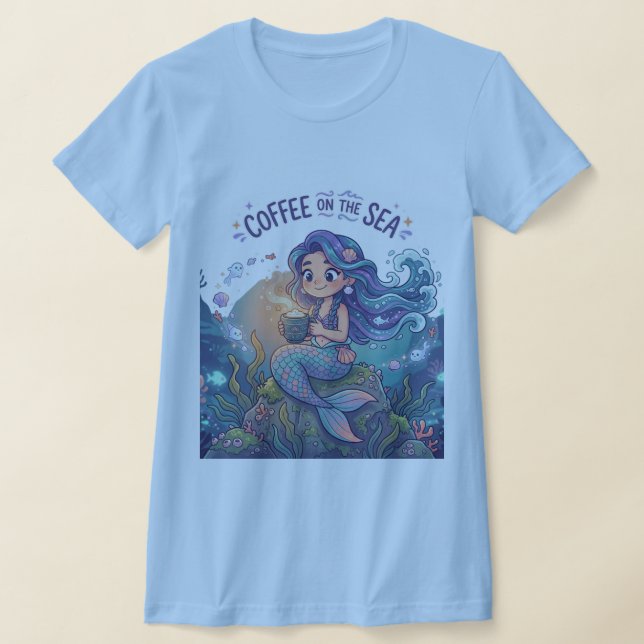 Söt sjökaraktär med kaffekovän t shirt (Laydown)