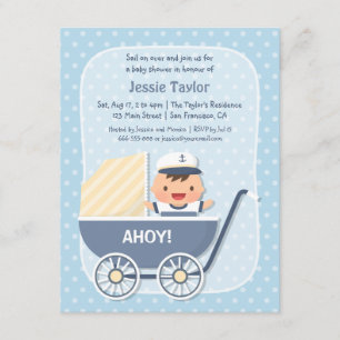 Söt sjöman i barnvagn, nautisk baby shower inbjudningar