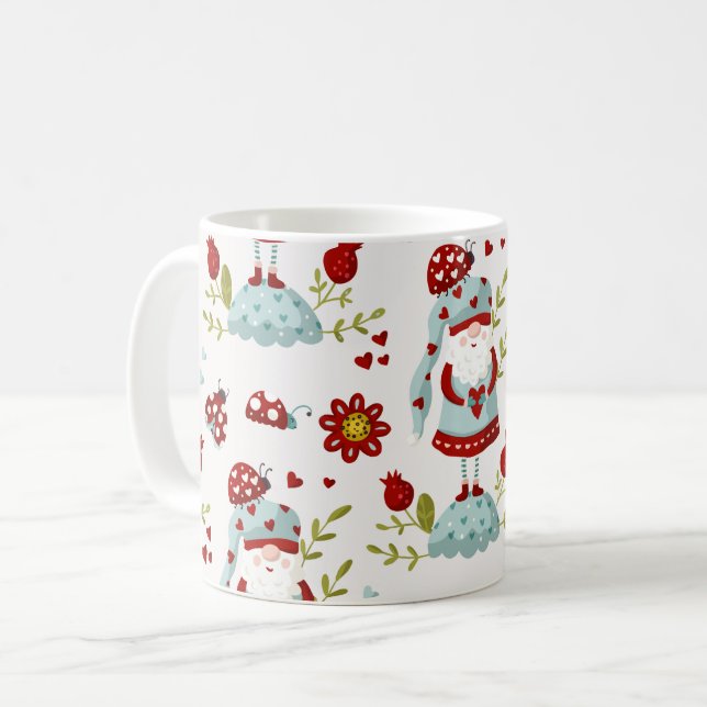 Söt skandinavisk tomte blommönster kaffemugg (Framsida vänster)