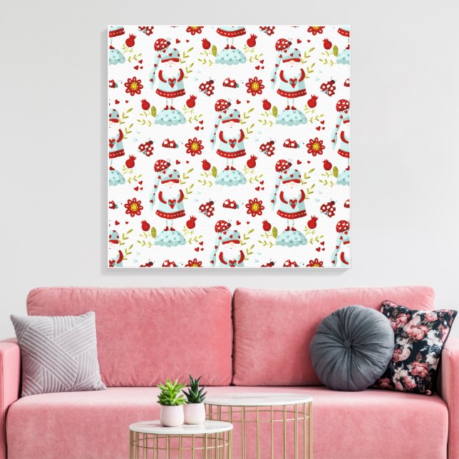 Söt skandinavisk tomte blomster mönster canvastryck (Insitu (Vardagsrum))