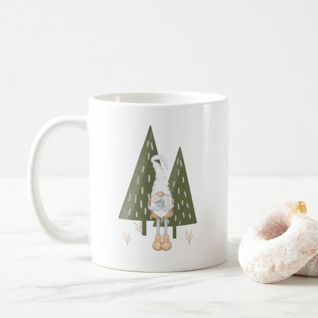 Söt skandinavisk tomte fågel tallar kaffemugg (Med munk)
