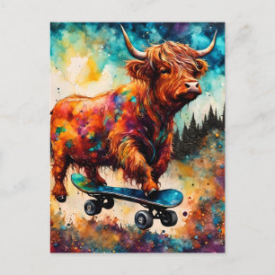Söt skateboardåkande högläntsk ko vykort