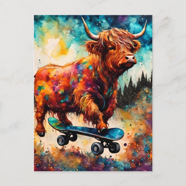 Söt skateboardåkande högläntsk ko vykort (Framsida)