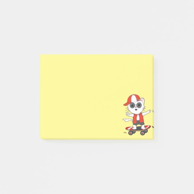Söt skateboardåkande katt på gul bakgrund post-it block (Framsida)