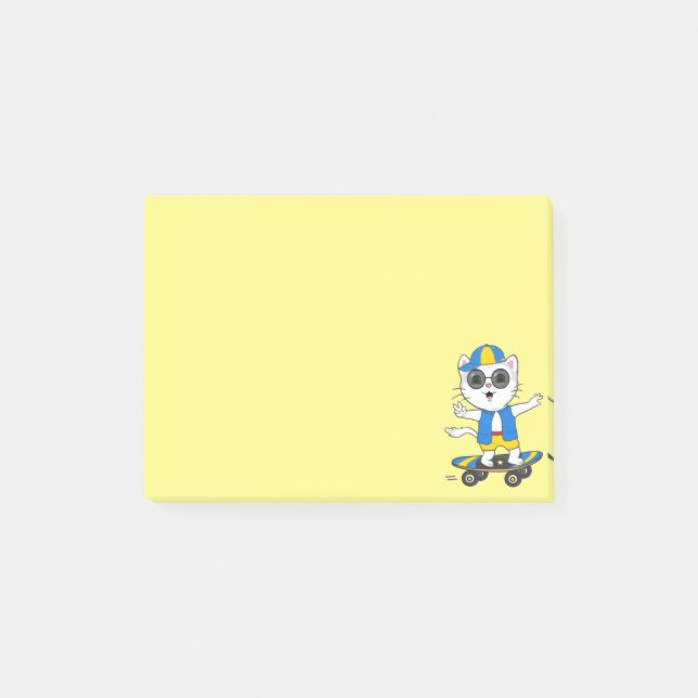 Söt skateboardåkande katt på gula Post-it-lappar Post-it Block (Framsida)