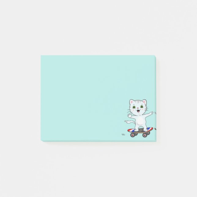 Söt skateboardåkande katt på ljust tealblå toner post-it block (Framsida)