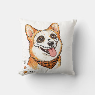 Söt skelett-ansiktsmålning Corgi Halloween-färg P Kudde