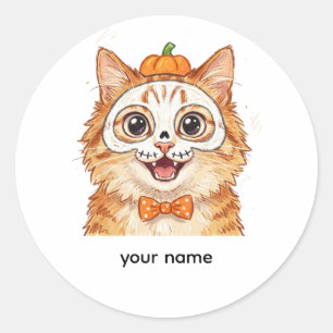 Söt skelett-ansiktsmålning Orange Katt Halloween Runt Klistermärke