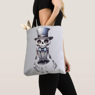 Söt skelett fluga topp hatt silver Halloween Tygkasse